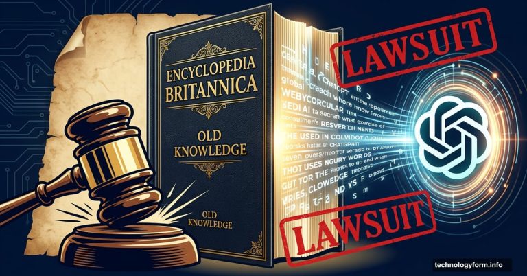 Encyclopedia Britannica book versus OpenAI logo with judge's gavel