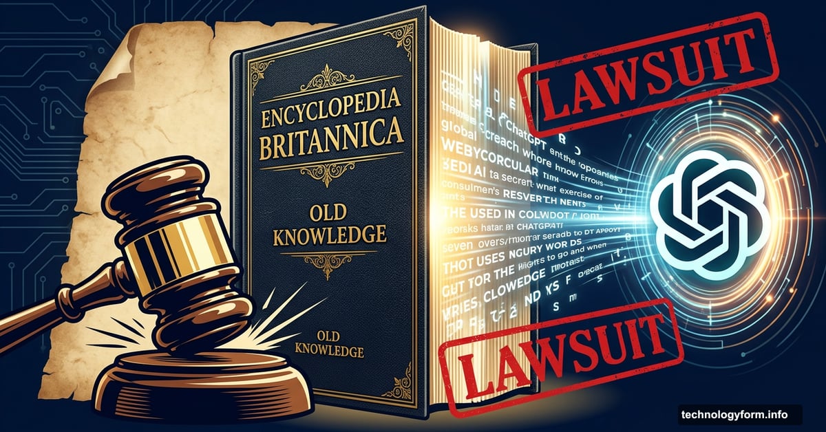 Encyclopedia Britannica book versus OpenAI logo with judge's gavel