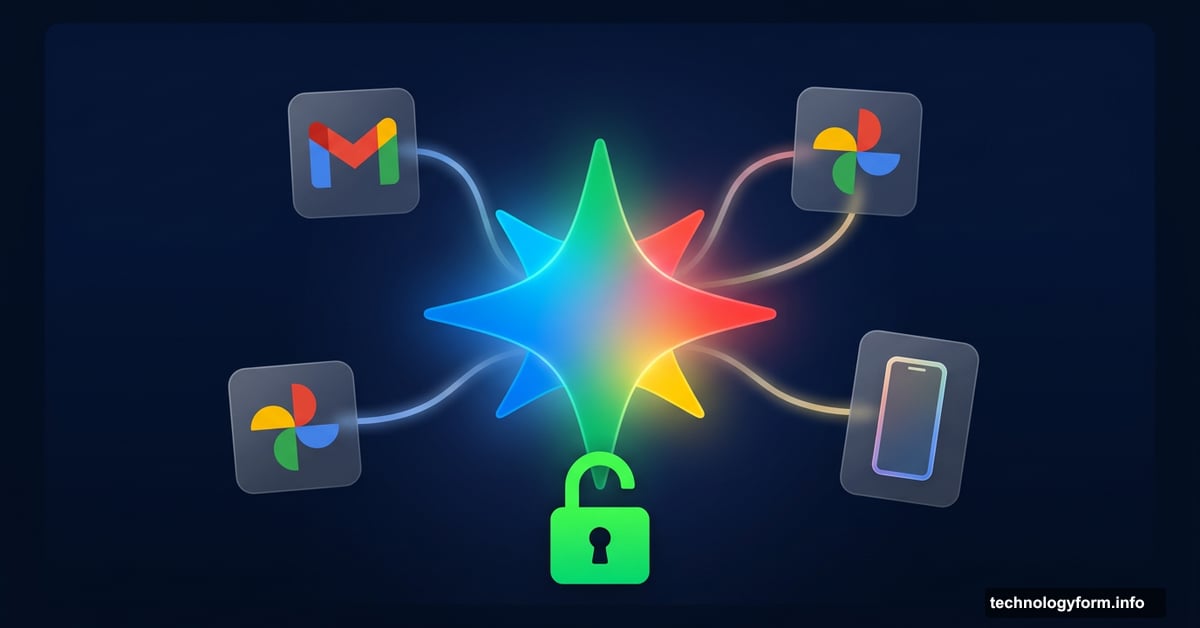 Gemini logo unlocked with Gmail and Photos icons glowing free