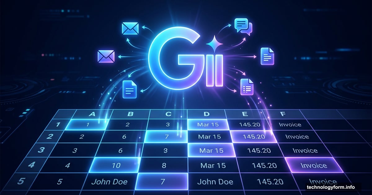 Gemini AI logo magically auto-filling a Google Sheets spreadsheet with data