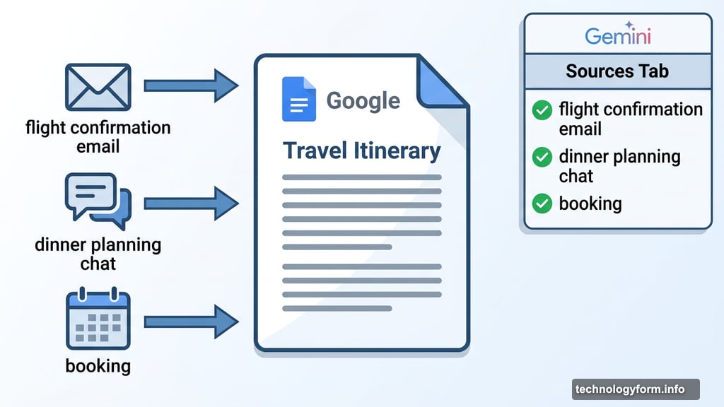Gemini Sources tab in Google Docs shows flight confirmation email references