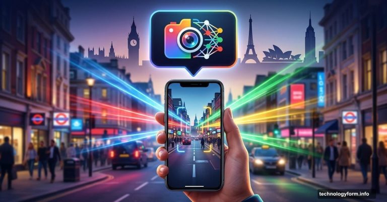 Smartphone camera scanning surroundings with Google AI Search Live activated globally