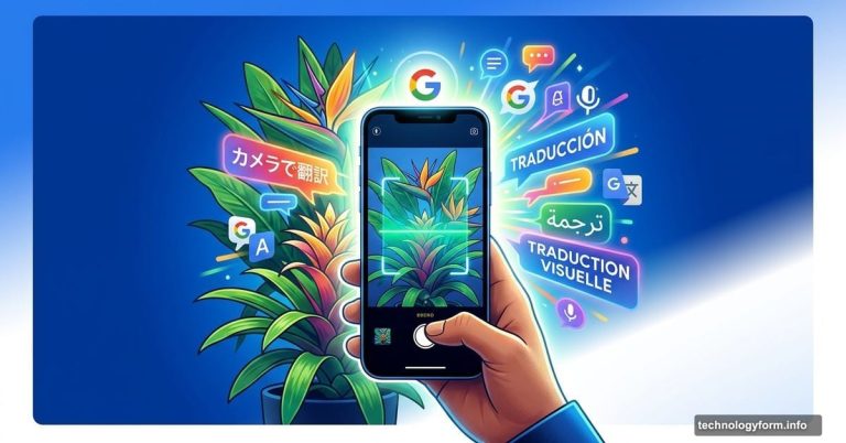 Smartphone camera scanning plant with multilingual AI speech bubbles emerging