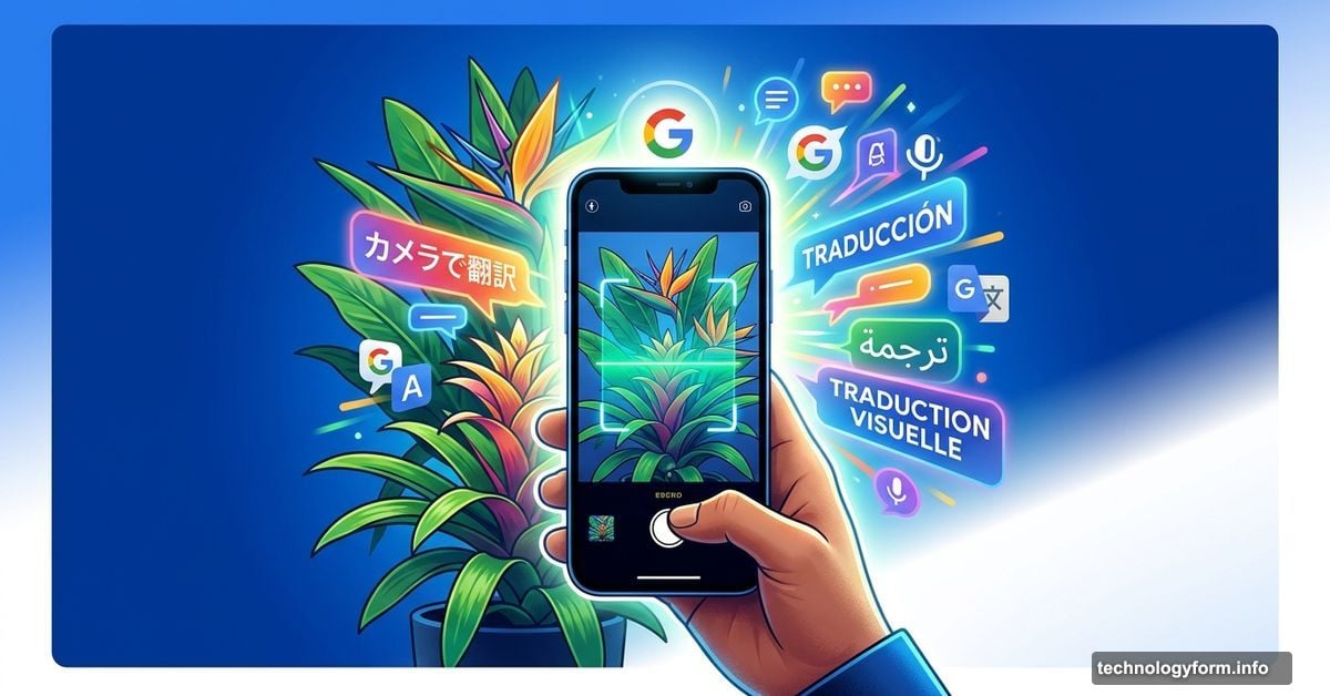 Smartphone camera scanning plant with multilingual AI speech bubbles emerging