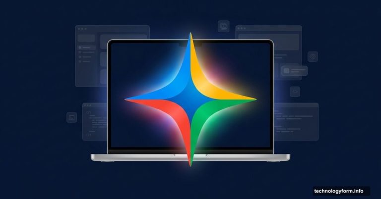 Google Gemini logo merging with a MacBook symbolizing new AI desktop app