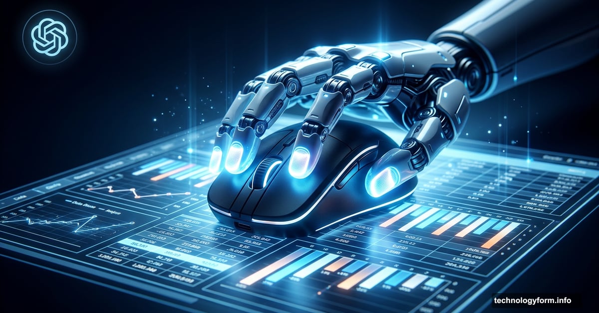 Robotic AI hand controlling a mouse over a glowing spreadsheet