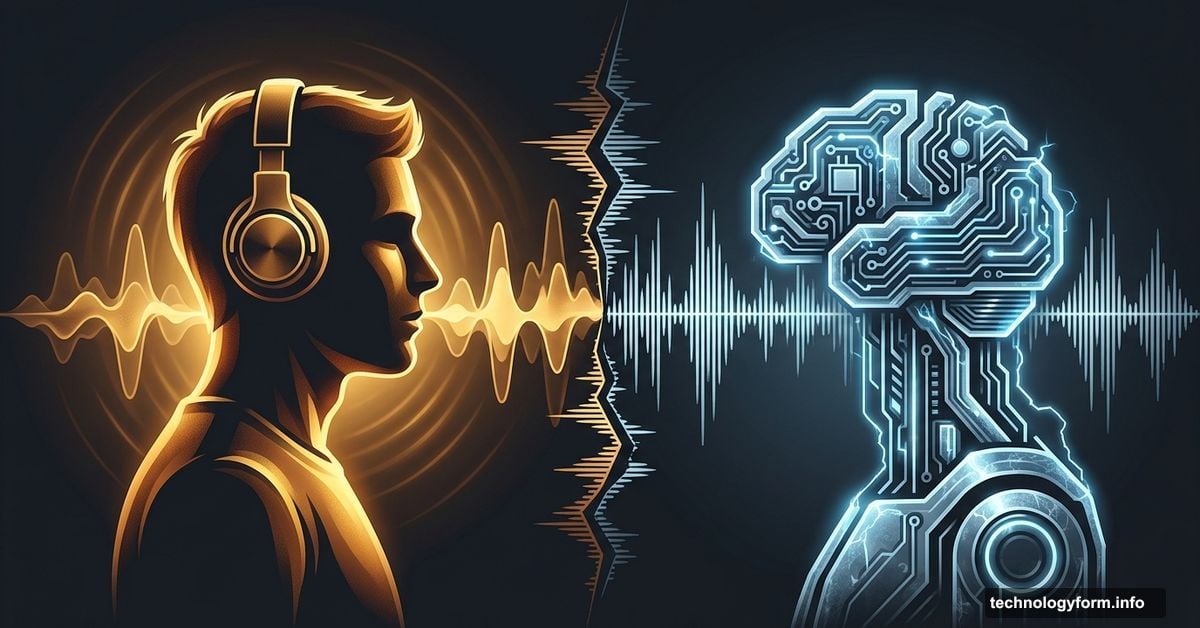 Human listener emotionally disconnected from cold AI-generated music waves