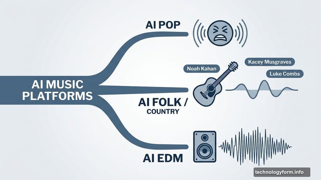 AI music genres ranging from shrill pop to acoustic folk and EDM