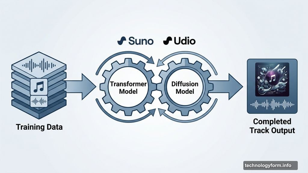 Transformer and diffusion models powering Suno and Udio music generation
