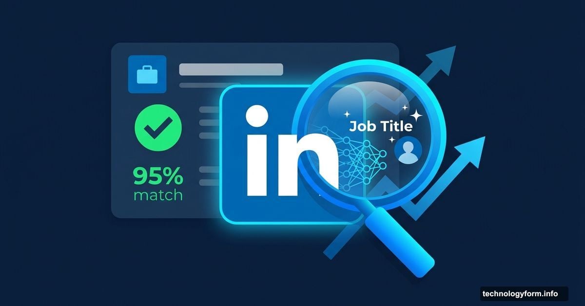 LinkedIn AI magnifying glass finding perfect job match with glowing neural network
