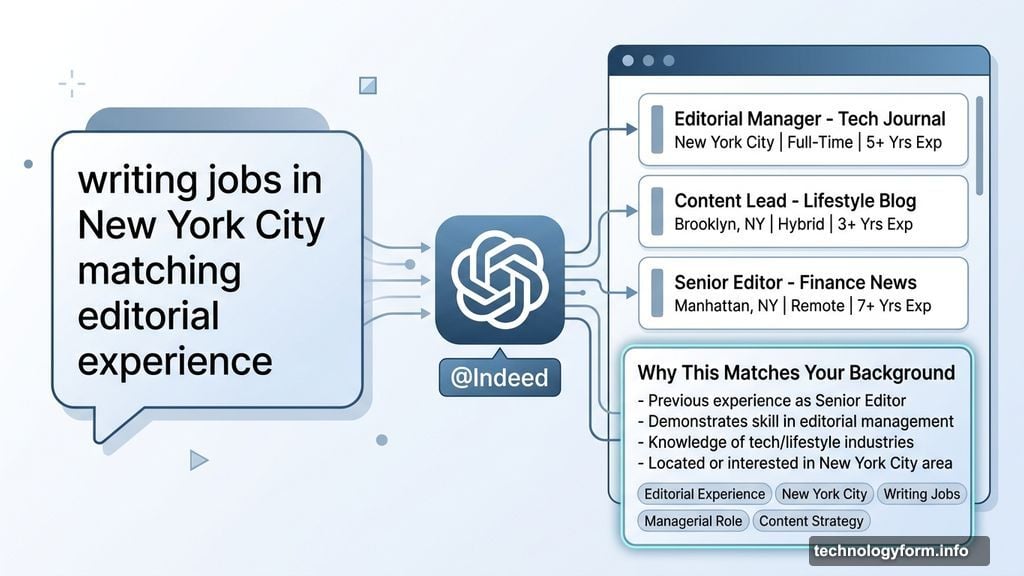 Conversational job searching in ChatGPT yields personalized listings and keywords