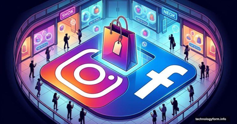 Instagram and Facebook icons transformed into a giant shopping mall