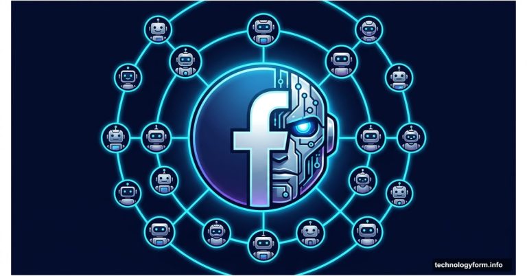 Meta logo merging with AI robot avatars on a social network