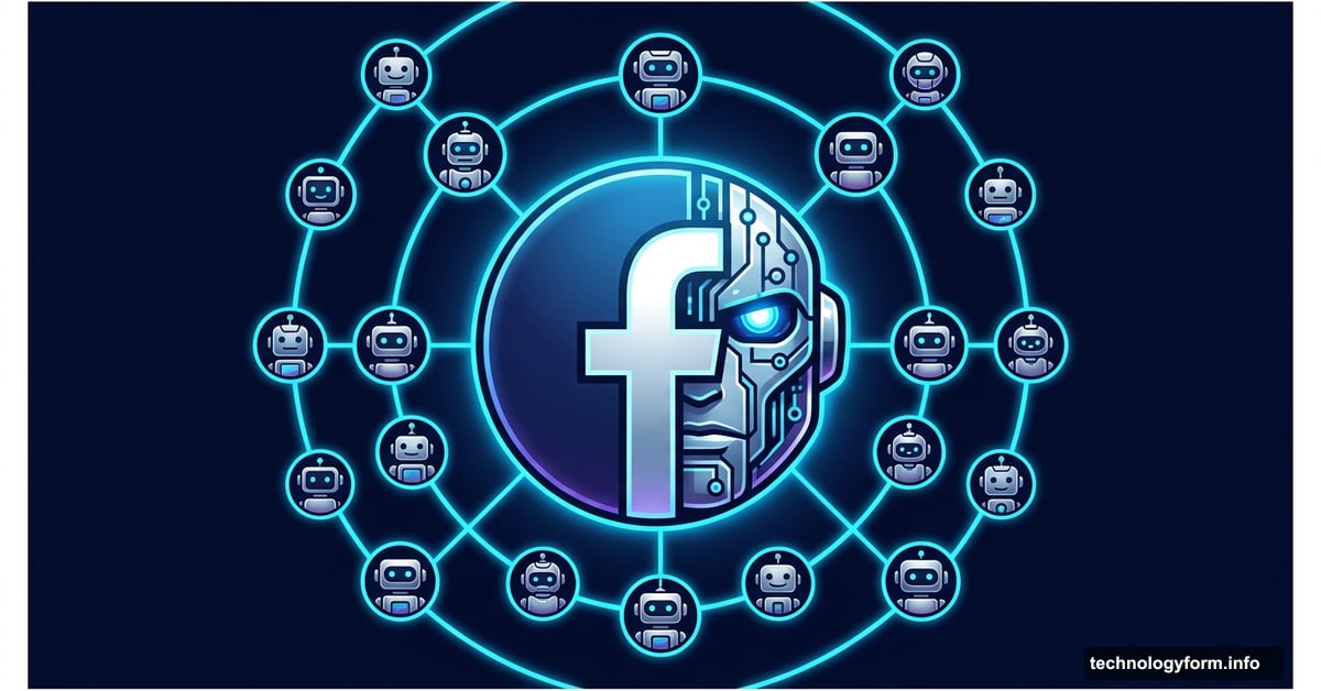Meta logo merging with AI robot avatars on a social network