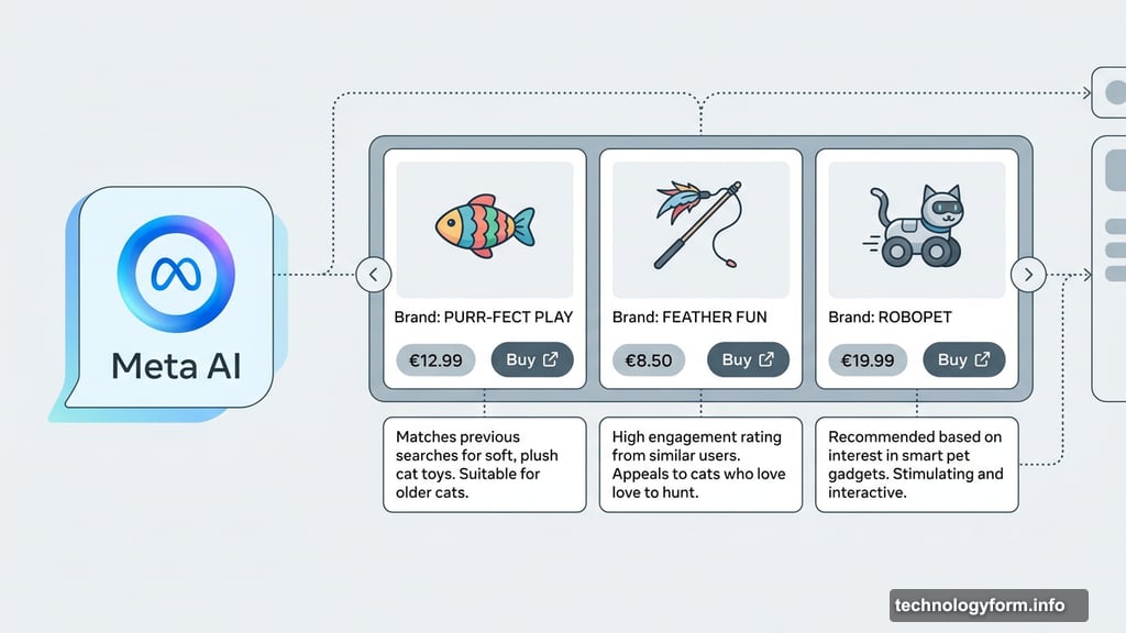 Meta AI shopping assistant product carousel with prices and store links