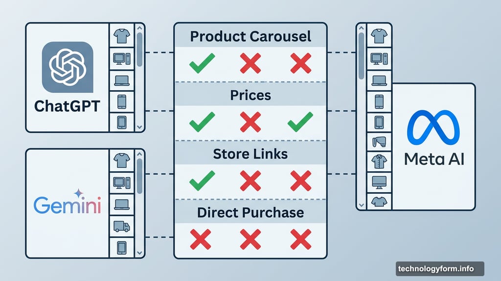 ChatGPT Gemini and Meta AI shopping features side by side comparison