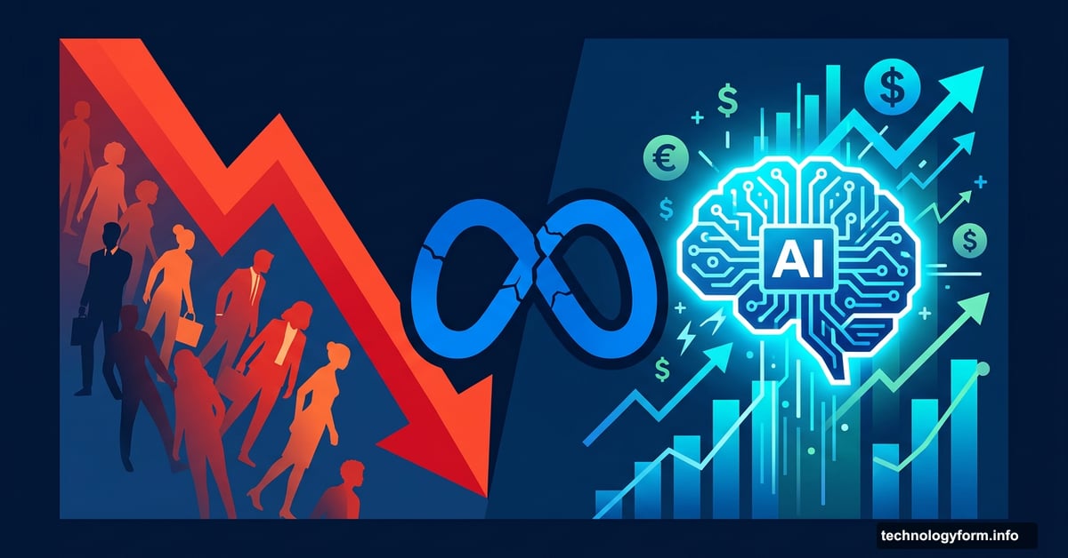 Meta logo split between AI investment growth and mass workforce layoffs