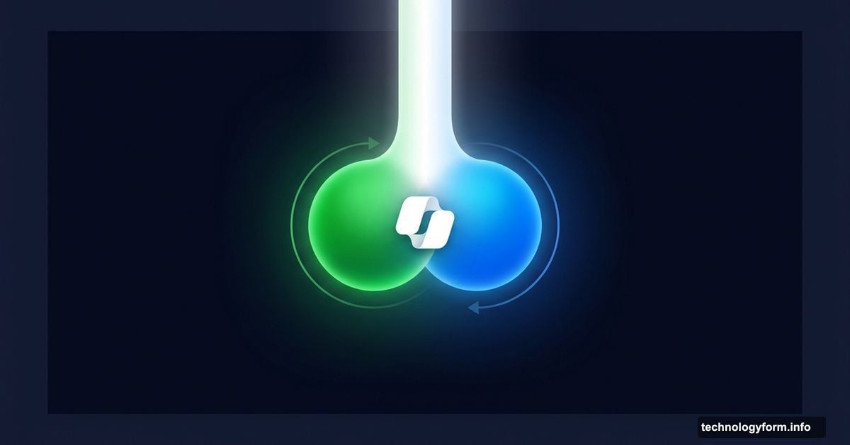 Two AI model orbs merging into Microsoft Copilot unified intelligence beam