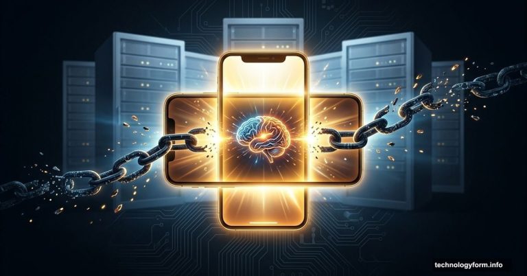 Smartphone breaking free from cloud servers with on-device AI glowing