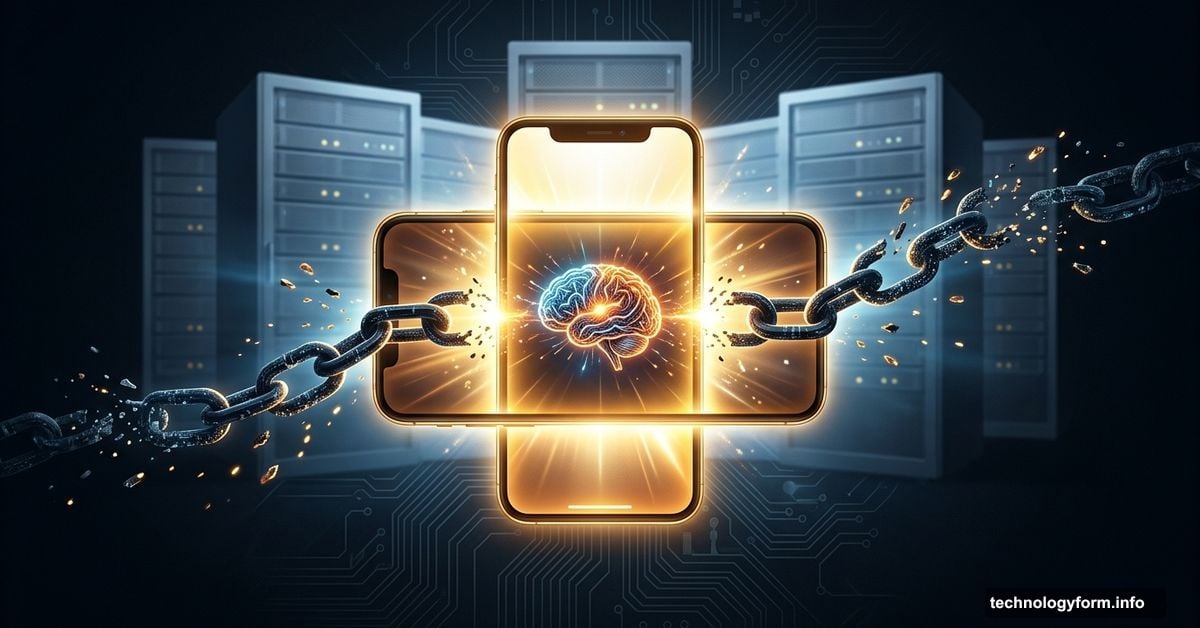 Smartphone breaking free from cloud servers with on-device AI glowing