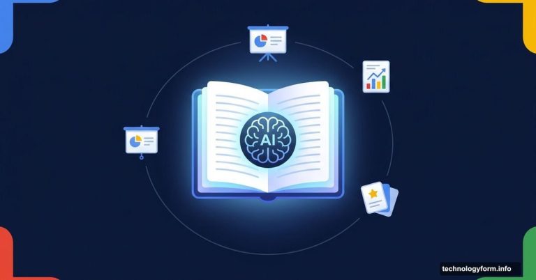 NotebookLM notebook glowing with AI upgrades floating around it