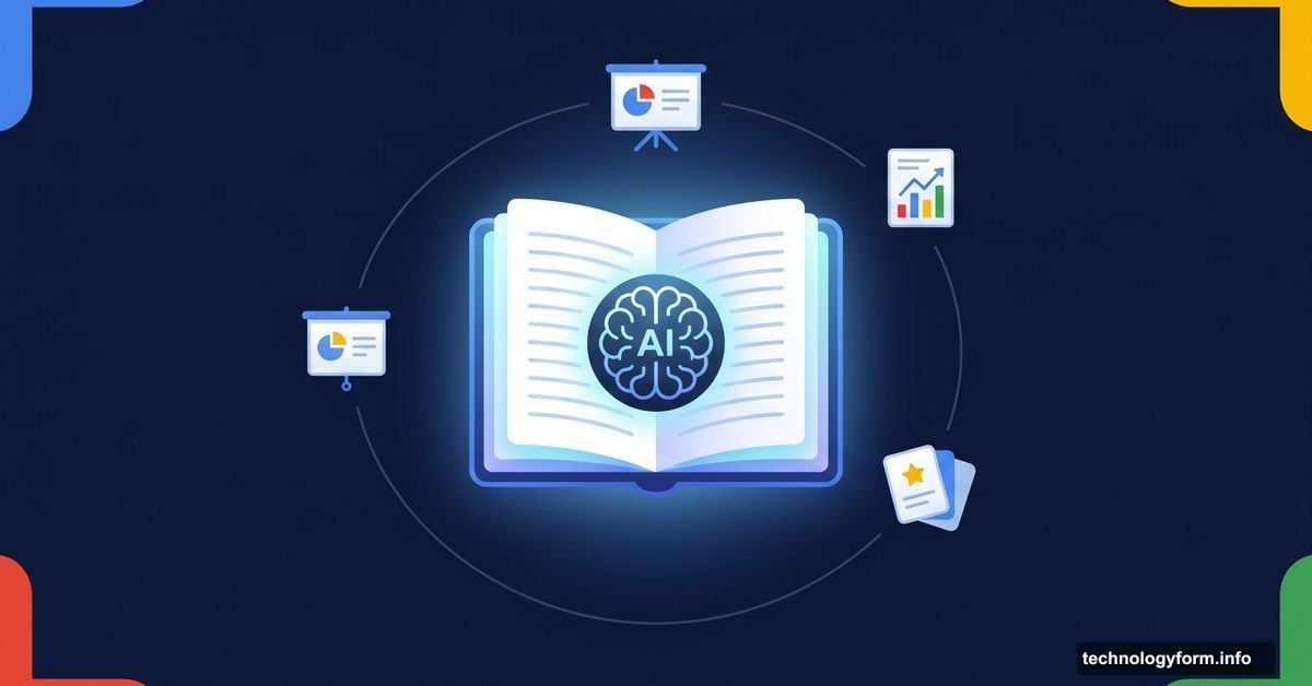 NotebookLM notebook glowing with AI upgrades floating around it