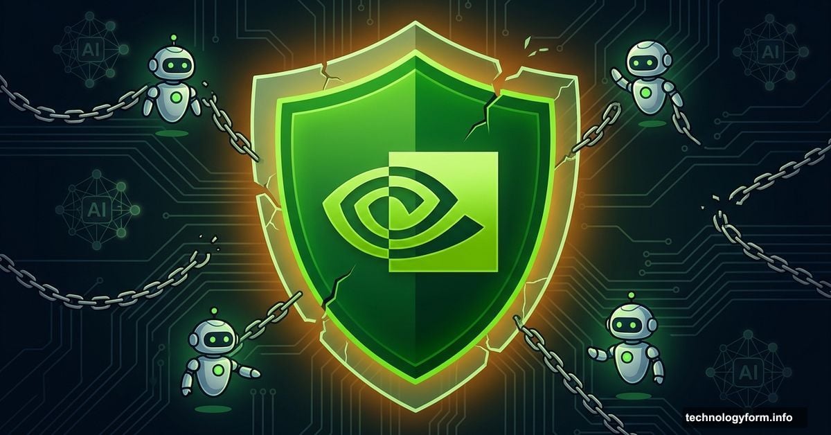 Nvidia shield with AI agents and incomplete security guardrails glowing