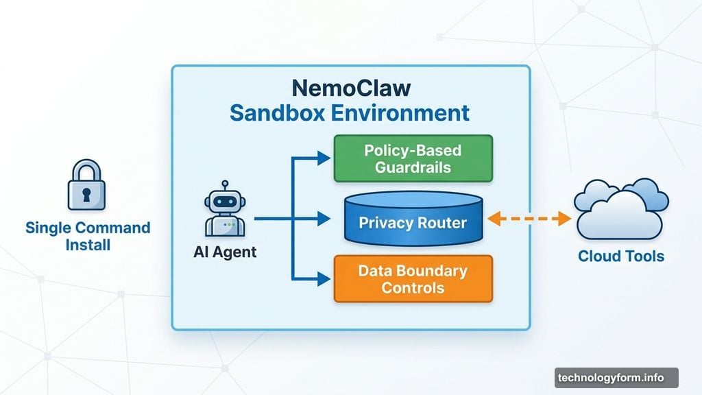 NemoClaw sandboxed agent architecture with privacy router and policy guardrails