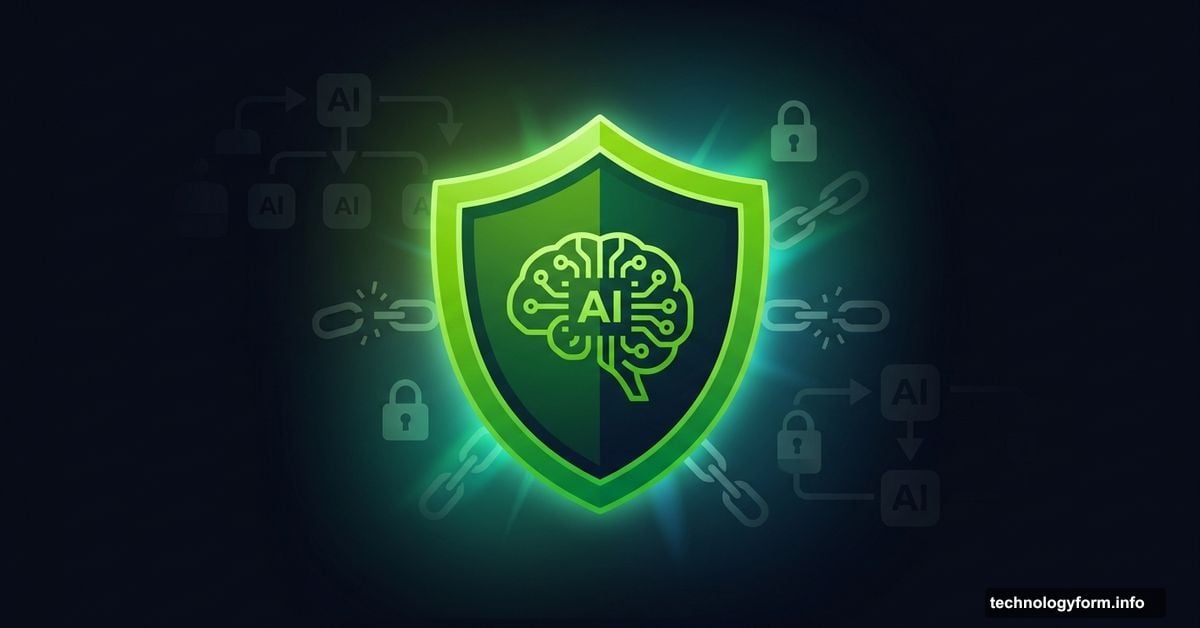 Glowing shield protecting AI agent network on dark background