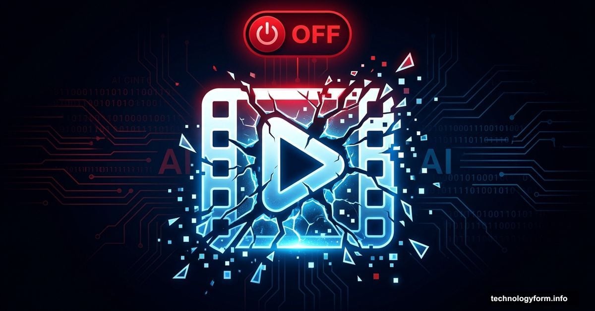 Shattering AI video play button icon symbolizing OpenAI Sora shutdown