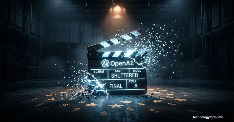 OpenAI Sora clapperboard shattering, symbolizing AI video failure