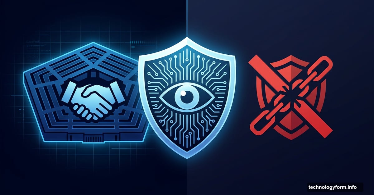 Split Pentagon deal image showing OpenAI agreement versus Anthropic refusal shield