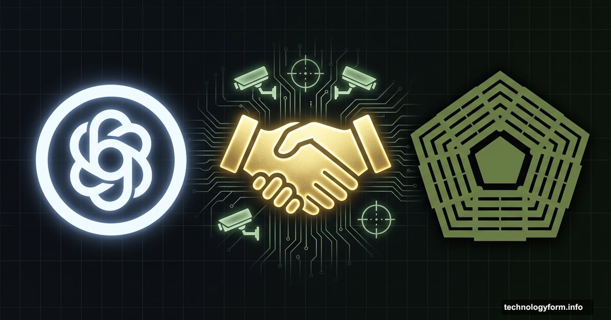 OpenAI logo and Pentagon silhouette connected by a glowing handshake