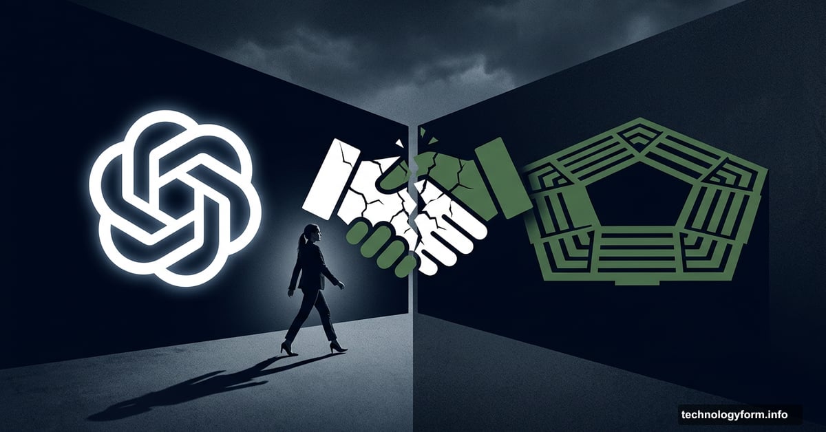 OpenAI logo cracked handshake Pentagon silhouette executive walking away