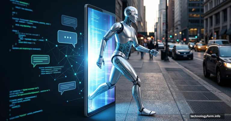 Humanoid robot stepping from digital screen into real-world city street