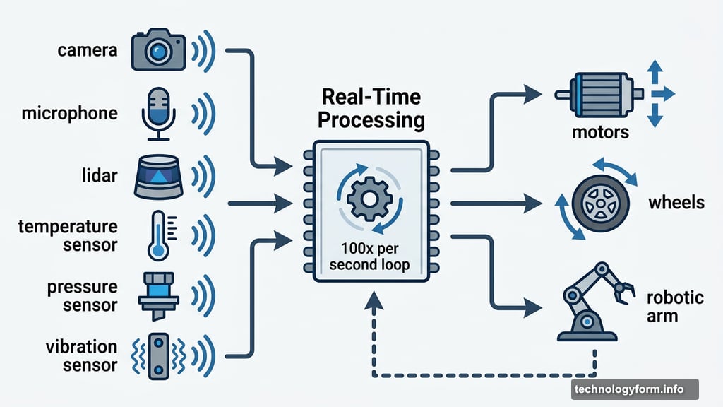 Physical AI perception loop connecting sensors to motors and robotic arms