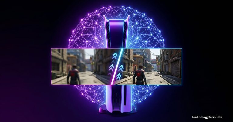 PS5 Pro console with AI upscaling transforming blurry games into sharp visuals