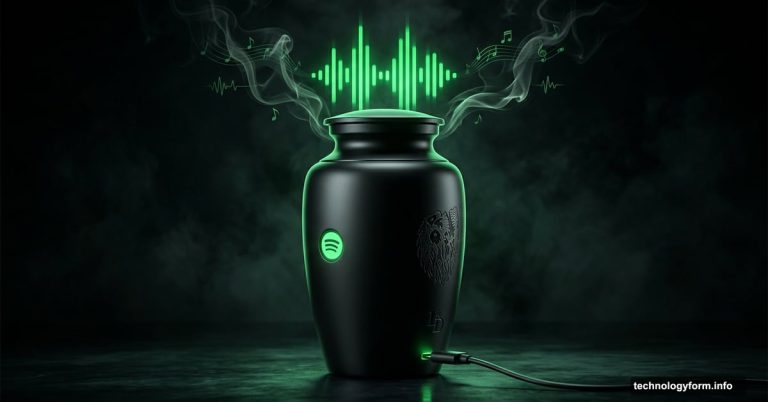 Glowing Spotify-connected cremation urn with music waveforms rising from lid