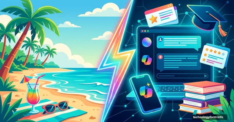 Beach vacation scene split with AI study tools handling coursework
