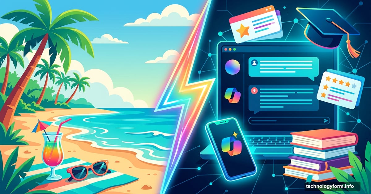 Beach vacation scene split with AI study tools handling coursework