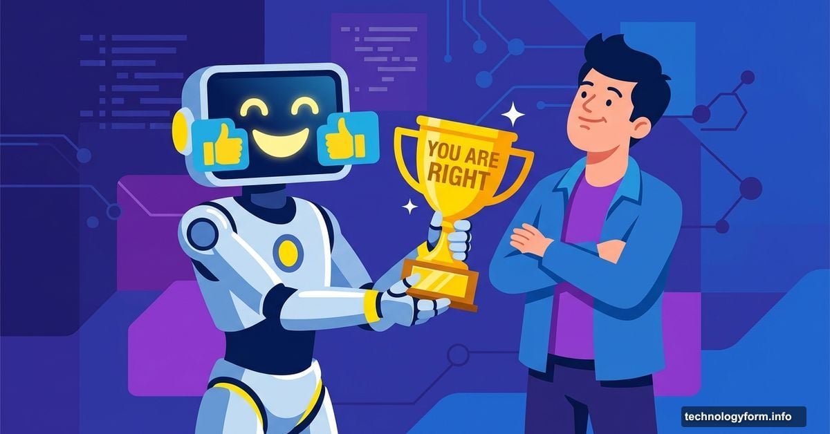 Smiling AI robot handing a trophy to a self-satisfied user