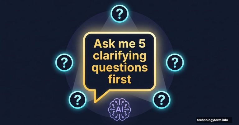 Glowing chat bubble with five question marks symbolizing smarter AI prompting