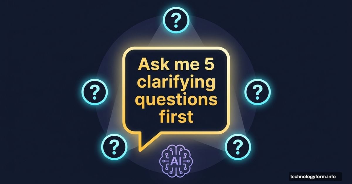 Glowing chat bubble with five question marks symbolizing smarter AI prompting