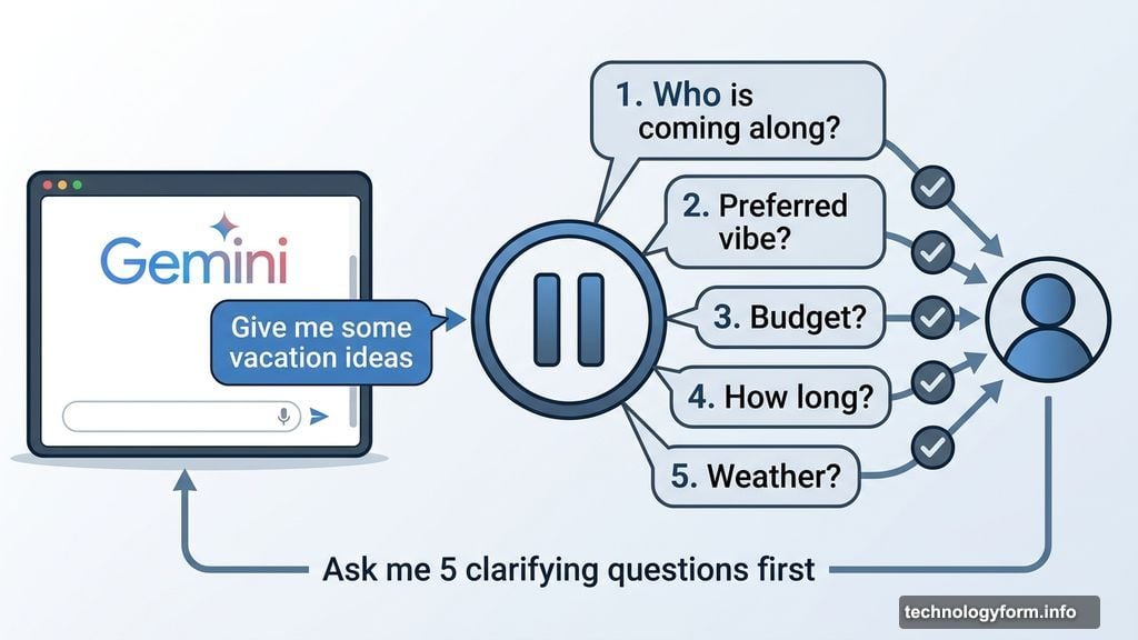 Gemini pauses to ask five clarifying questions before suggesting vacation destinations