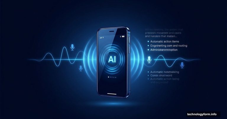Compact AI voice recorder glowing with transcription waveforms and notes