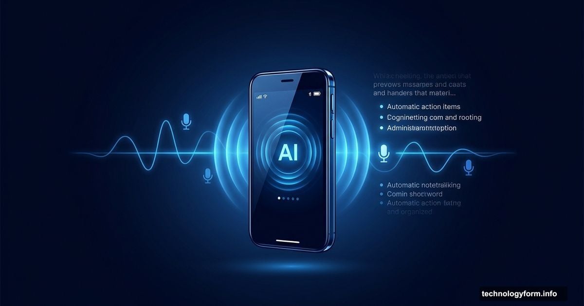 Compact AI voice recorder glowing with transcription waveforms and notes
