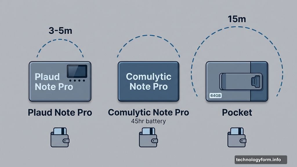 Credit-card-sized Plaud Note Pro, Comulytic, and Pocket recorders compared