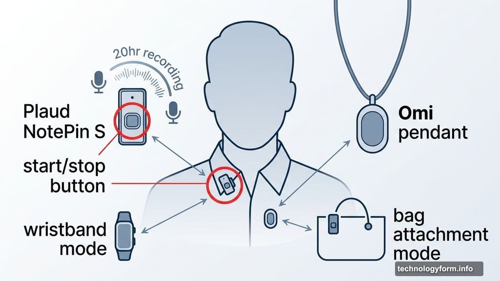 Wearable AI notetaker pins worn as clip, pendant, or wristband