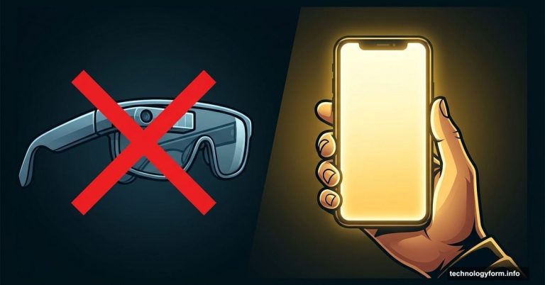 Smart glasses with red X versus glowing smartphone, stark contrast