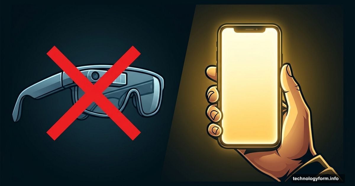 Smart glasses with red X versus glowing smartphone, stark contrast